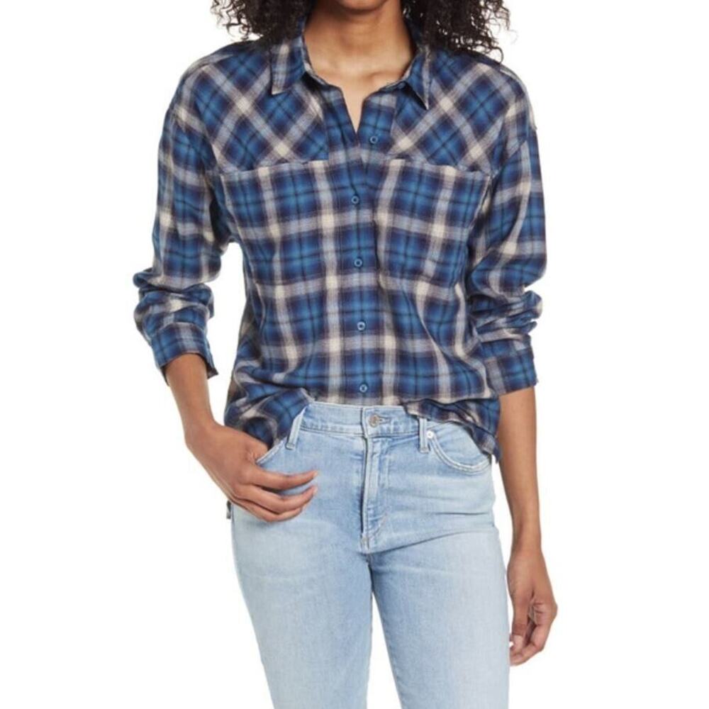 BP Women's High/Low Plaid Button Up Shirt Blue Ombre‎ Plaid XSmall MSRP $49